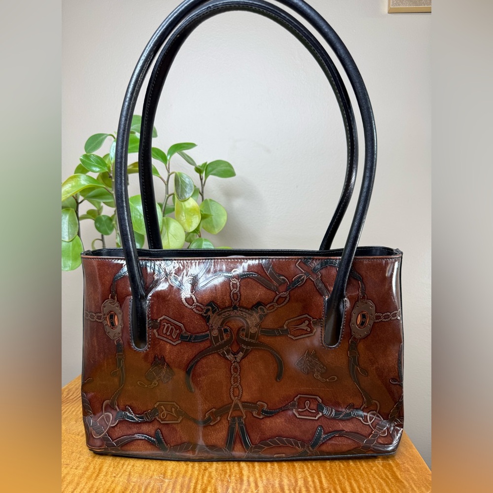 Simonelli Italian Leather Horse Bit Tooled Brown Black Gloss Bag Western Style